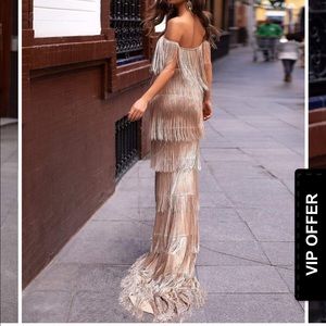 Nude Off The Shoulder Fringe Gown with V Neck